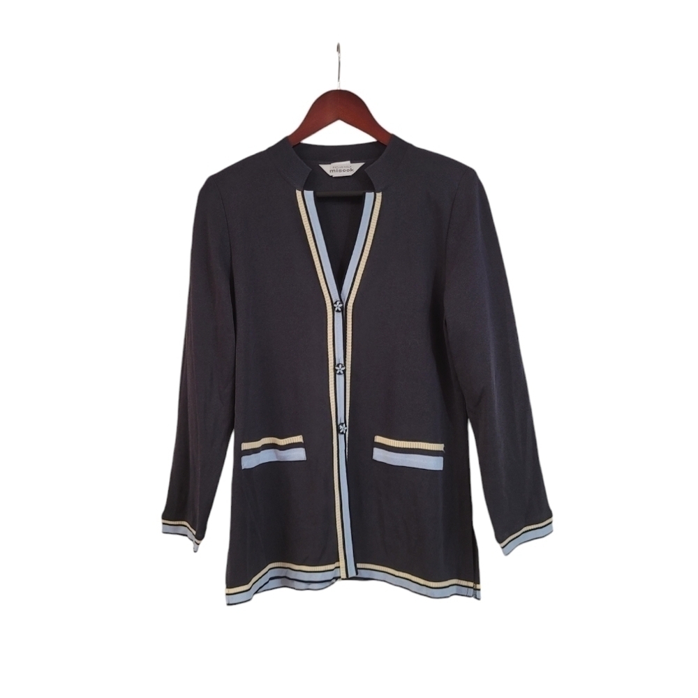 Vintage Exclusively Misook Black Knit Cardigan Blazer Small Stripe Trim 90s
